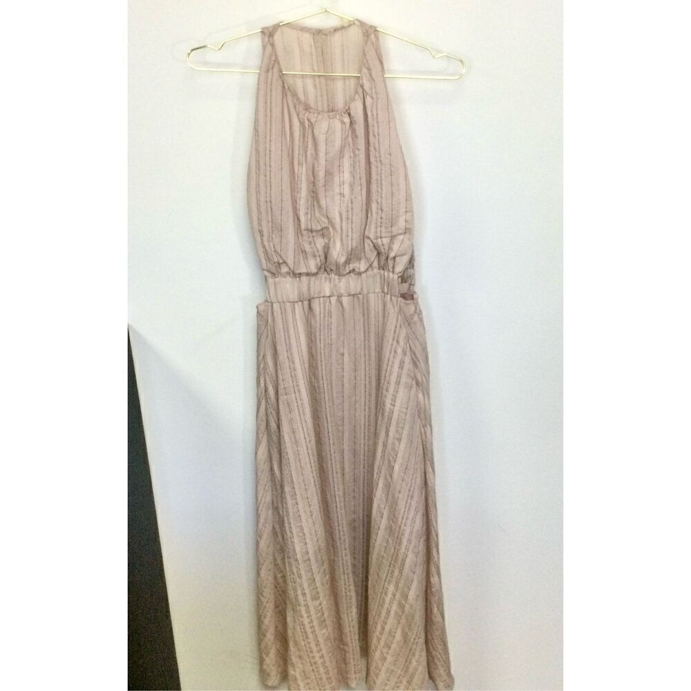 Grade & Gather Womens Medium Midi Dress Cream Tan Lined Slit Back‎ Elastic Waist